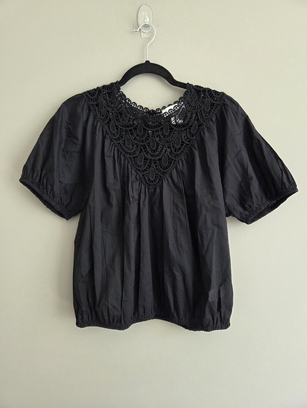 Calypso St. Barth 100% Cotton Crochet Yoke Short Puff Sleeve Blouse Black Size M
